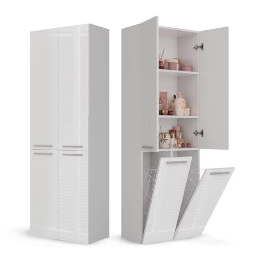 CDF Badezimmerschrank Bad Schrank Mit Wäschekorb Weiß Glänzend...