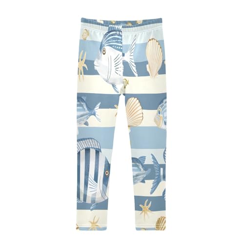 Toddler Girls Leggings Printed Yoga Pants Leggings Fish Shells Illustrations Light Blue and White Striped Background for Kids