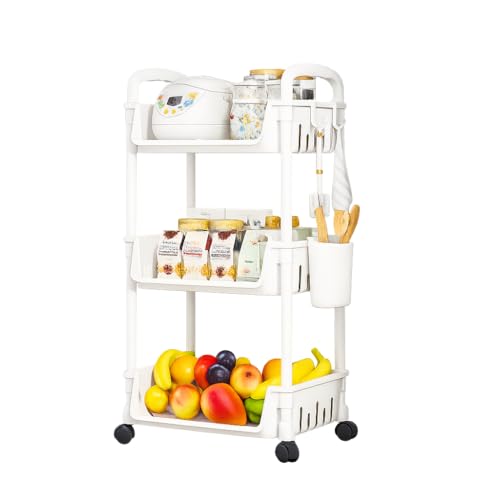 Image of Lukzer 3-Tier Multipurpose Plastic Storage Rack with Wheels & Side Hooks | Rolling Utility Organizer Shelf for Kitchen, Bathroom, Office & Home Use - 35 x 26 x 76 cm (White) CH-094