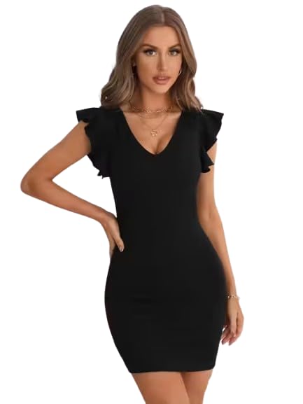 Women’s Black Ribbed Bodycon Mini Dress V Neck Ruffle Sleeve Slim Fit Elegant Casual Western Dress-image-12