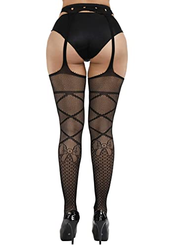 Image of Women's Floral Fishnet Stockings with Attached Garter Belt