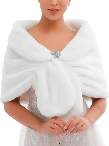 EARENT Women's Faux Fur Shawls and Wraps Bride Wedding Sleeveless 1920s Fur Scarfs Bridal Fur Stoles with Brooch Winter Fur Caplet for Brides and Bridesmaids (White)