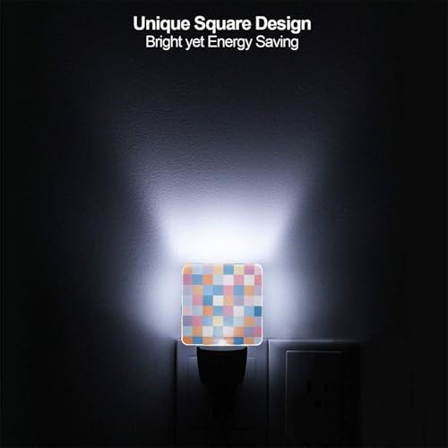 Image of Colorful Checkered LED Plug-in Night Light 2-Pack, Auto Sensor Wood Print Nightlights Set of 2 for Bedroom Bathroom Stairs