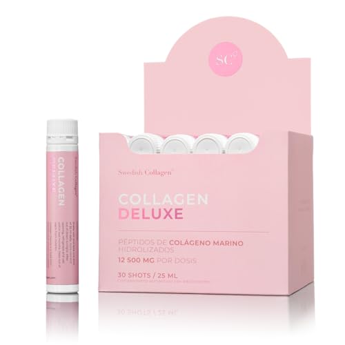Swedish Collagen Deluxe | Suplemento líquido de colágeno marino hidrolizado de 12.500 mg - 30 dosis diarias de 25 ml | Ácido hialurónico, biotina y vitamina C para un cabello, piel, uñas y
