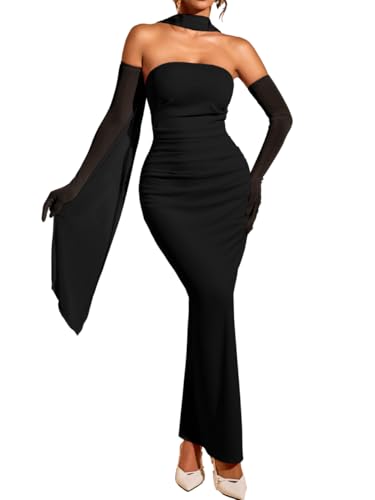ChiaoLezhee Women's Bodycon Dress with Scarf & Gloves Tube Ruched Slit Elegant Maxi Evening Party Sundress, Strapless Sexy Floor Length Club Wedding Guest Birthday Cocktail,Black,M