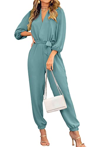 PRETTYGARDEN Women's Fall Jumpsuits Dressy Casual Pants Romper Spring Long Sleeve V Neck Belt Pockets One Piece Outfits