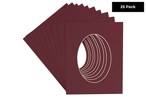 CountryArtHouse Maroon Acid Free 8x10 Oval Picture Frame Mat with White Core Bevel Cut for 6x8 Pictures - Fits 8x10 Frame - Pack of 25 Matboard Show Kits with Acid Free Backings & Clear Bags