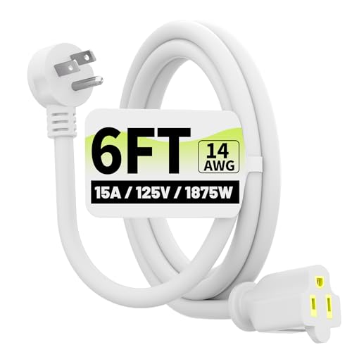 Vockjour 6 FT White Low Profile Flat Plug 14 Gauge Heavy Duty Extension Cord 14AWG 3-Wire Grounded Appliance Extension Cord 15A/125V/1875W SJTW ETL Listed Power Cord