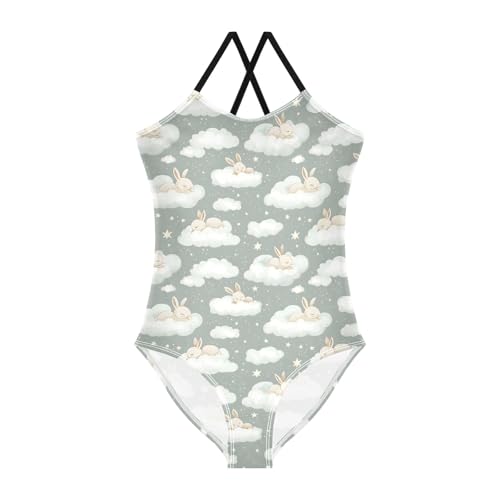 senya Girls Swimsuits One-Piece Swimwear Tie Bathing Suit Beach Summer Round Neck 7-8T Cloud Rabbit Pattern