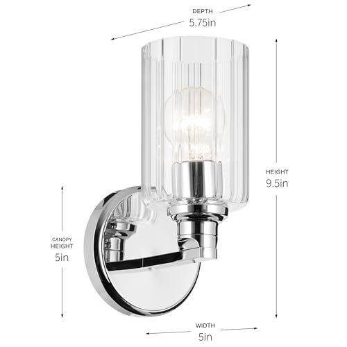 Image of Kichler Gioe 5 inch 1-Light Wall Sconce with Clear Fluted Glass in Chrome, Damp Rated, for Powder Room, Kitchen, Hallway, Bedroom, Fireplace, (5 inch W x 9.5 inch H), 55224CHFLU