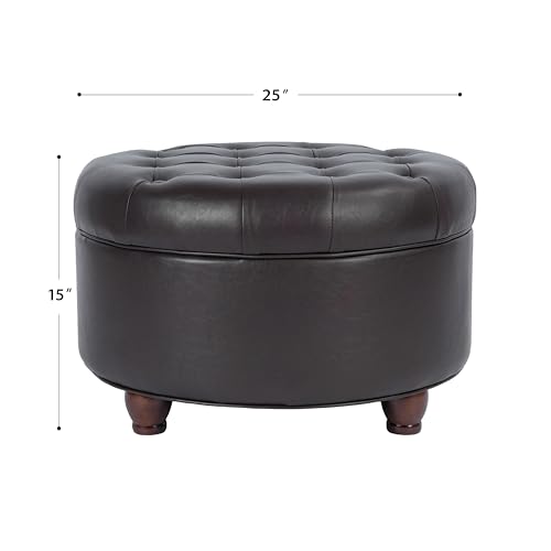 Image of HomePop 25 inch Button Tufted Round Storage Ottoman - Distressed Brown Faux Leather