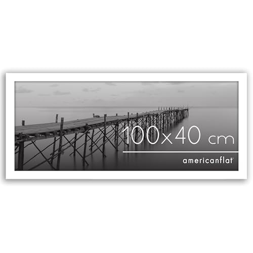 Americanflat 100x40 cm Bilderrahmen aus MDF-Holz mit Plexi-Scheibe - 40x100 cm Fotorahmen mit integrierter Aufhängung - für vertikale oder horizontale Wandmontage - Weiß