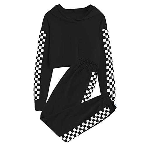 Kids Girls 2Pcs Sports Outfits Long Sleeve Hoodie Grid Print Crop Tops with Sweatpants Set Sweatsuit Workout Tracksuit
