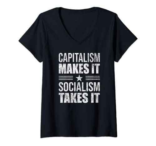Donna CAPITALISMO LO RENDE IL SOCIALISMO LO PRENDE TEES ANTI PRO DIVERTENTI Maglietta con Collo a V