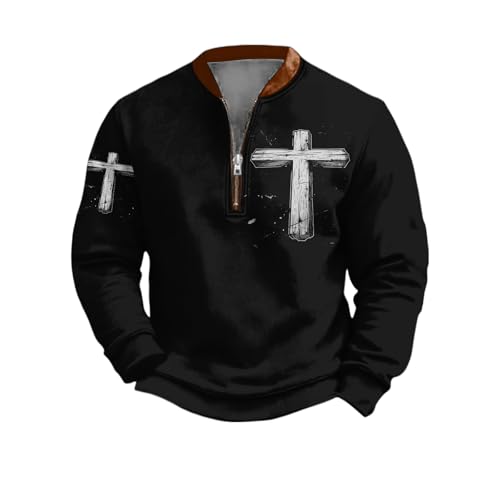 HOTYD Mens Christian Faith Sweatshirts Quarter Zip Pullover Jesus Cross Print Sweatshirt Casual Long Sleeve Polo Shirts