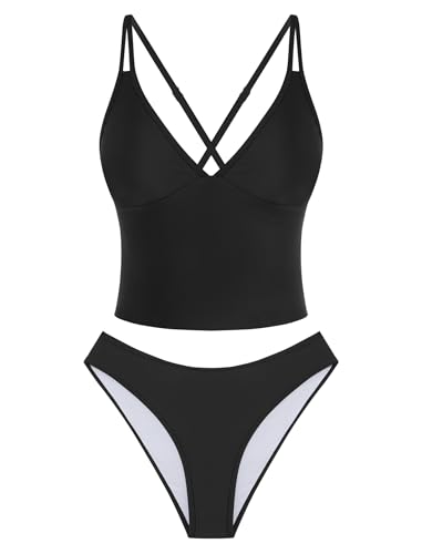 Image of ZAFUL Tankini Swimsuits for Women V Neck Dual Straps Cropped Bikini Swimsuit High Cut 2 Pieces Bathing Suit