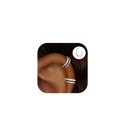 2 PCS Small Cartilage Double-Hoop Helix Conch Piercing Earrings With Cubic Zirconia For Women Trendy 14K Gold Plated Stainless Steel Sets Jewelry (Zircon Silver 2pcs-16g-8mm)