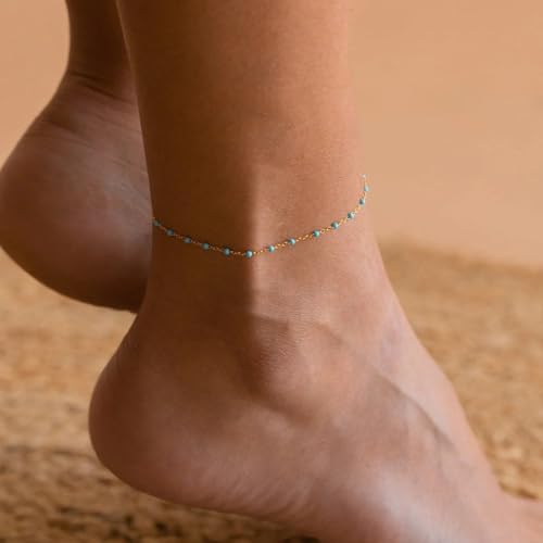Image of 18K Gold Plated Boho Beaded Anklets for Women Dainty Gold Layered Round Ball Ankle Bracelet Pearl Cross Anklet Bracelet Waterproof Gold Jewelry