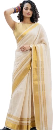 Image of Women's Mul Cotton Saree with Tassels | Soft Mulmul Saree | Woven Stripes & Zari Line | 5.5 Metres - Without Blouse