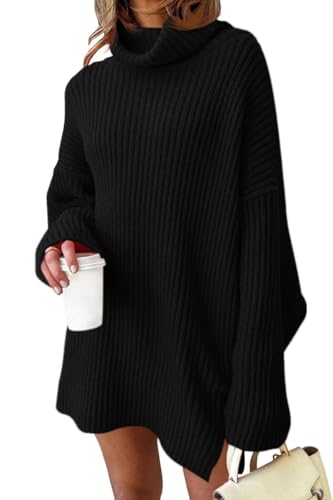 Fisoew Damen Rollkragen Strickpullover Langarm Sweater Lang Pullover Oversized Pulloverkleid,Schwarz,XL