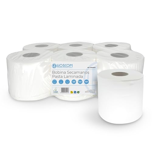 Rollos secamanos, Bobina Papel secamanos mecha Laminada pasta pura doble Capa - 6 Unidades (6 Rollos de 90m) (600 gramos)