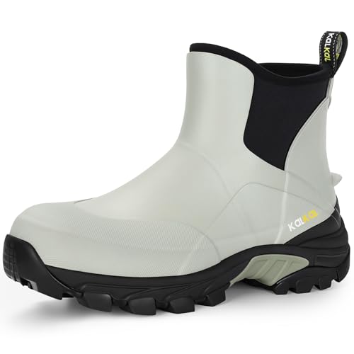Kalkal Men's Rubber Boots Waterproof Ankle Rain Fishing Boots with Shock Absorption Sports Sole, Comfort Outdoor Mud Boots for Casual Yard Work (Seasalt Grey, Size9)