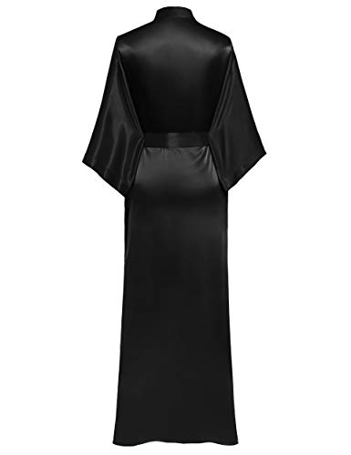 PRODESIGN Morgenmantel Damen Bademantel Satin Kimono Lang mit Gürtel Einfarbig Nachtwäsche Leicht Schlafmantel Schwarz
