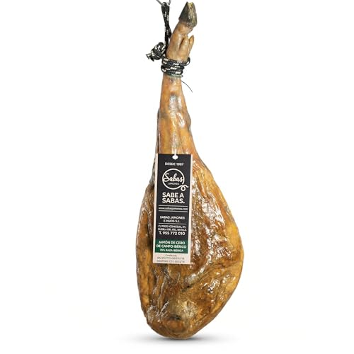SABE A SABAS Jamon de Cebo De Campo Iberico 75% Raza Iberica 7 a 8 Kg Pieza Entera Curacion 36 Meses Sabor Intenso Corte Fino Regalo Gourmet Seleccion Premium Tradicion Sevilla para Regalar en Navidad