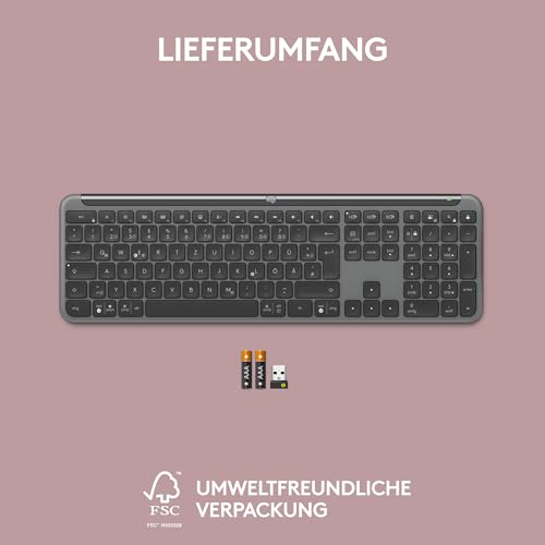 Logitech Signature Slim K950 kabellose Tastatur, schlankes Design, Wechseln zwischen Geräten beim Tippen, leises, Bluetooth, Multi-OS, Windows, Mac, Chrome, DEU QWERTZ-Layout, Graphit