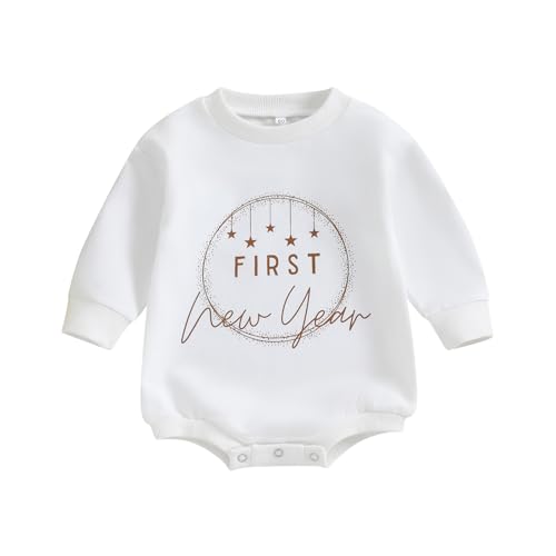 Image of Kuriozud First New Years Outfit Baby Girl Boy Bubble Romper Long Sleeve Sweater Onesie Happy New Year Clothes 2024 (first new year, 0-3 Months)