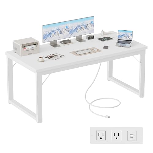 Image of Mericonia 54 Inch Computer Desk with Power Outlets, 1.2 inch Thick Office Table | Modern Simple Style, Heavy Duty Industrial Frame, Study & Writing Table for Home Bedroom Work, White