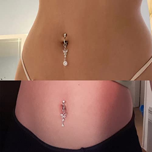 QWALIT Fake Belly Ring Fake Belly Piercing Fake Belly Button Ring Fake Belly Button Piercing Clip on Belly Button Rings Butterfly Heart Silver Gold3