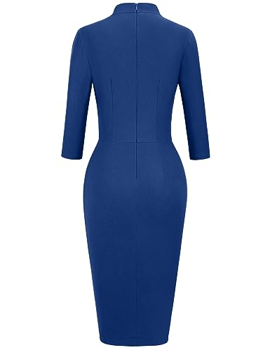 Image of MUXXN Women's Midi Pencil 1950s Vintage Cocktail 3 /4 Sleeve Tie Neck Bodycon Mid-Calf Dress with Pockets