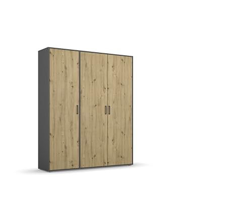 Rauch Möbel Voyager, Kleiderschrank für Schlafzimmer, Kinderzimmer, Jugendzimmer, Flur, 3-türig, mit Zubehör Premium, Farbe Eiche Artisan, Holz/Grau metallic, Schwarz, Breite 140cm