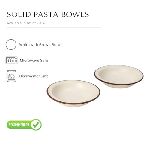 Image of Beyond Homes Ceramic Pasta Plates Shallow, 18cm, Set of 4, White Brown | Matte Finish Ceramic Pasta Bowl | Flat Stoneware Pasta and Maggie Bowl | Chip-Resistant | Microwave Safe; (4, White Brown Rim)