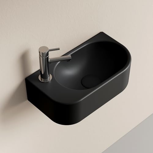 EMKE Lavabo Suspendido 400 x 215 x 120 mm – Lavabo Compacto y Elegante para Pequeños Baños y WC de Invitados – Grifo a la Izquierda, Instalación en la Pared, Negro Mate