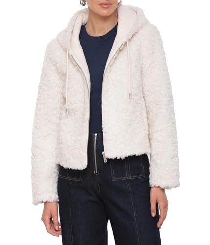 Avec Les Filles Womens Faux Shearling Hoodie Jacket White Medium