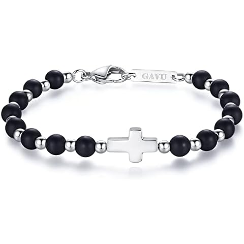 Pulsera Cruz GAVU para Hombres con Cuentas de Cristal de Ónice Mate y Acero Inoxidable Cover