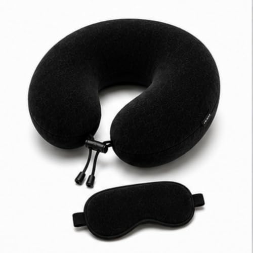 Image of Black Travel Neck Cushion | Adjustable Thread Lock U Shape Neck Pillow | Soft Thread Fabric with Premium Neck Rest Pillow