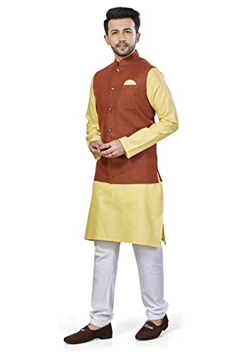 Image of BE ACTIVE Linen Blend Solid Pattern Trendy Comfortable Stylish Full Sleeve Kurta Pajama Set with Jacket Nehru Style Koti for Men's Ethnic Wear