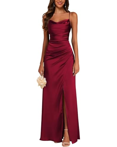 JAEDEN Satin Brautjungfernkleid Spaghettiträger Ballkleider Lang mit Schlitz Meerjungfrau Falte Abendkleider Wein Rot 32