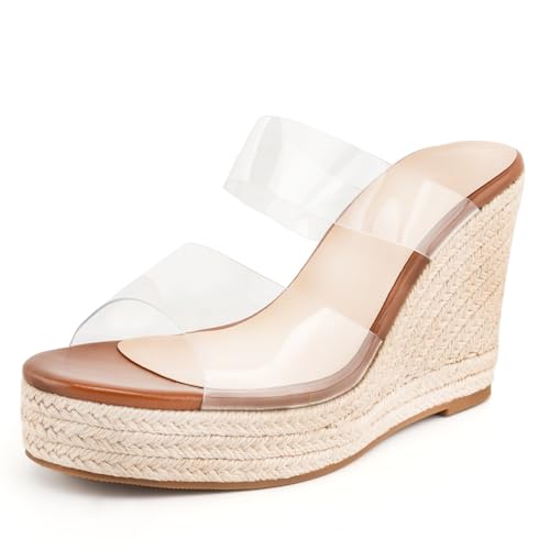 WIRALOMI Women Clear Wedge Heel Sandals Slip On Espadrilles Platform Sandals Slide Summer Beach Crystal Mules Sandals
