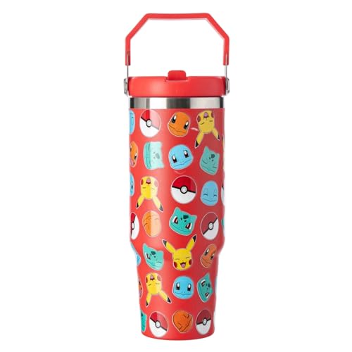 Pokémon Stainless Steel Tumbler 850ml with Handle Pikachu Charmander Squirtle & Bulbasaur Design Double Wall Travel Cup for Hot & Cold Drinks with Silicone Lid & Straw Red