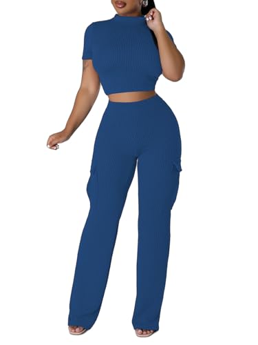 XZLUFNY Women's Summer 2 Piece Sets Short Sleeve Crop Top & Wide Leg Cargo Pants