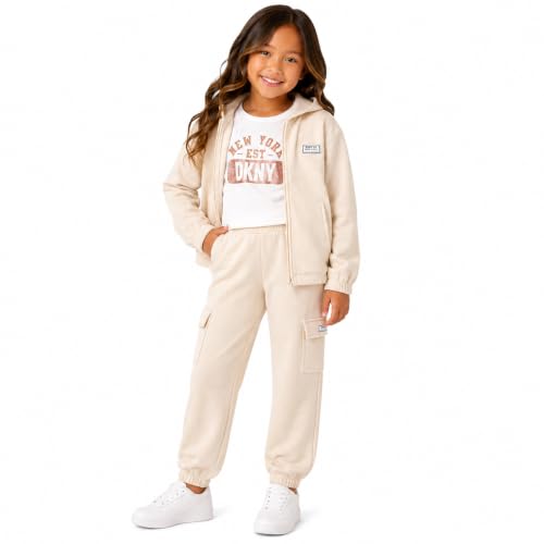 DKNY Girls Pants Set - 3 Piece Graphic Tee, Zip Up Hoodie and Jogger Sweatpants for Girls - Cute Matching Kids Sweatsuit Set, Size 8, Ivory