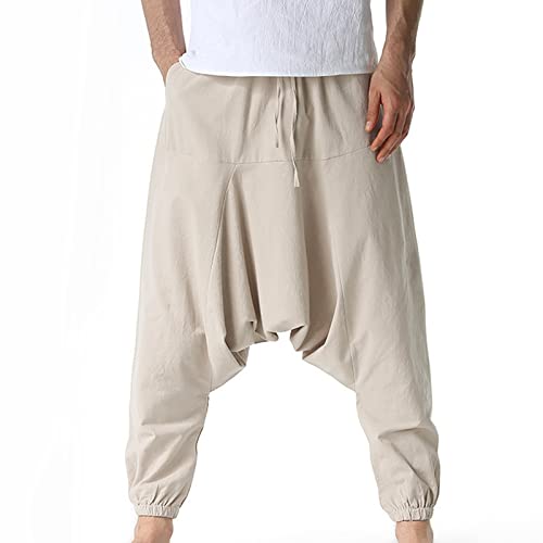 Generic Hippie Pants Men Cotton Drop Crotch Trousers Pockets Yoga Baggy Hippie Pants Summer Casual Drawstring Pants