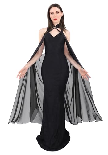 KUOIN Women's Chiffon Sheer Cape Gothic Tulle Cloak Halloween Wedding Bridal Collared Shawls Full-Length 130CM