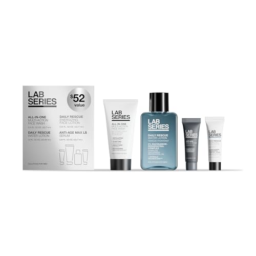 Lab Series Travel Size Essentials Skin Care Gift Set For Men - Includes All-In-One Face Wash 1 Fl Oz, Daily Rescue Face Toner 1 Fl Oz, Daily Rescue Face Lotion 0.2 Fl Oz & Max LS Face Serum 0.2 Fl Oz