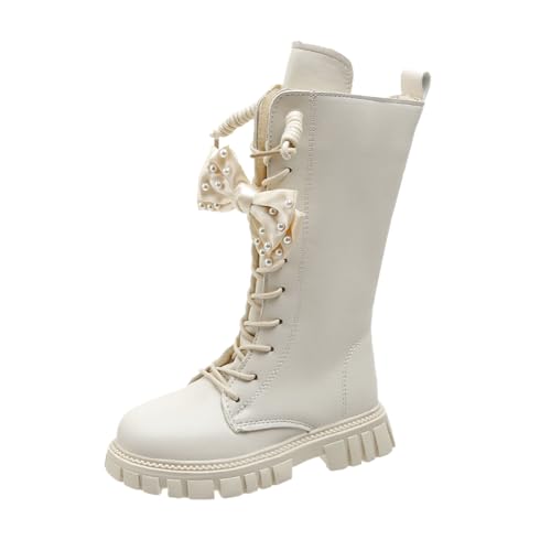 Botas blancas para niñas con lazo de perlas, botas de princesa con cordones y cremallera lateral, botas de senderismo para niños, para fiestas de invierno, regalo elegante, beige, 49