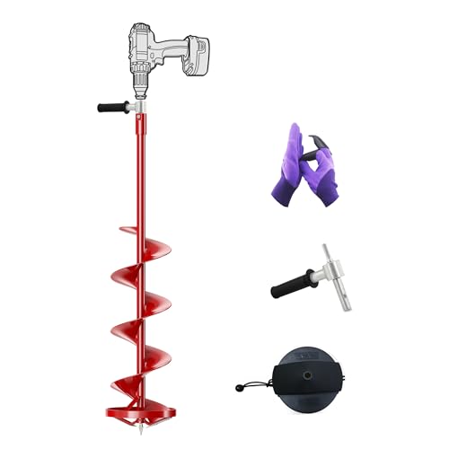 Longrun 8 Inch Ice Auger, 35.95 Inch Extended Reach for Drilling Deep Ice Fishing Holes, Auger Drill Bit for Ice Post Hole Digger w/Interchangeable Sharp Blade & Cover, Ice Auger Adapter with Handle